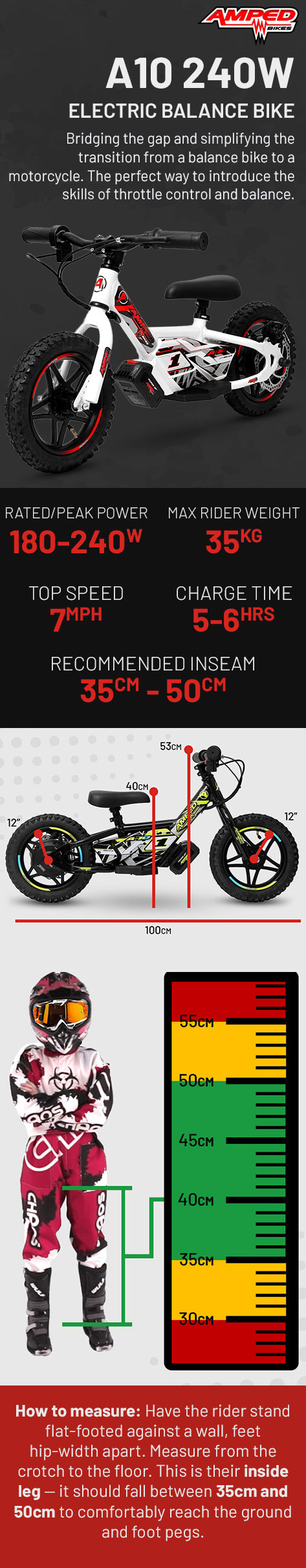 Amped A10 240w (PP) 18v 5.2ah Li Black Kids Electric Balance Bike 2025