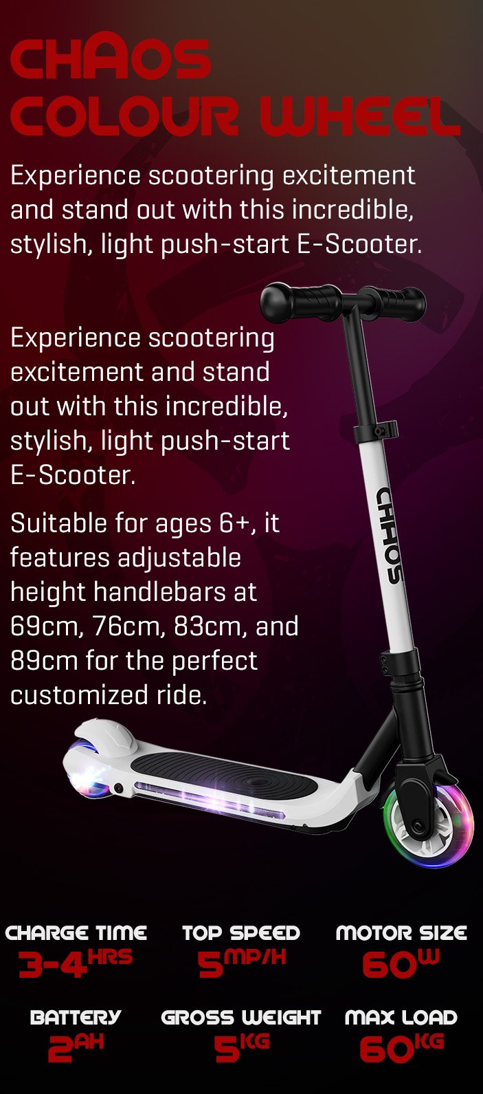 Chaos 60w Funky Light Colour Wheel White Kids Electric Scooter
