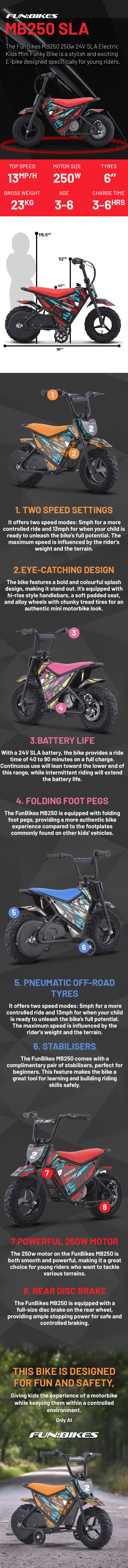 FunBikes MB250 250w 24v 6/6 43cm SLA Pink Electric Kids Mini Bike