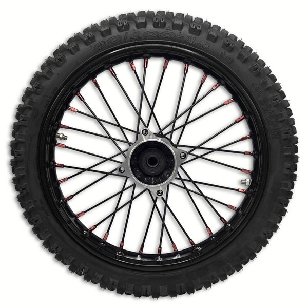 M2R RF140 S2 Pit Bike Front 14" Wheel Black Spokes Red Nipples