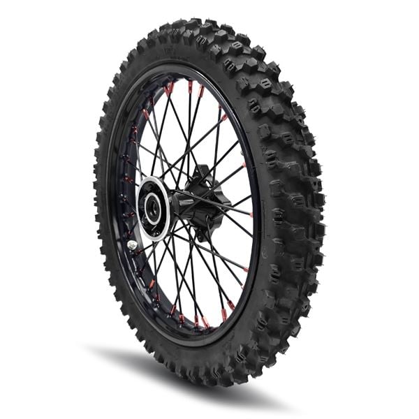 M2R RF140 S2 Pit Bike Front 14" Wheel Black Spokes Red Nipples