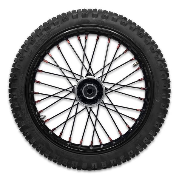 M2R RF140 S2 Pit Bike Front 14" Wheel Black Spokes Red Nipples